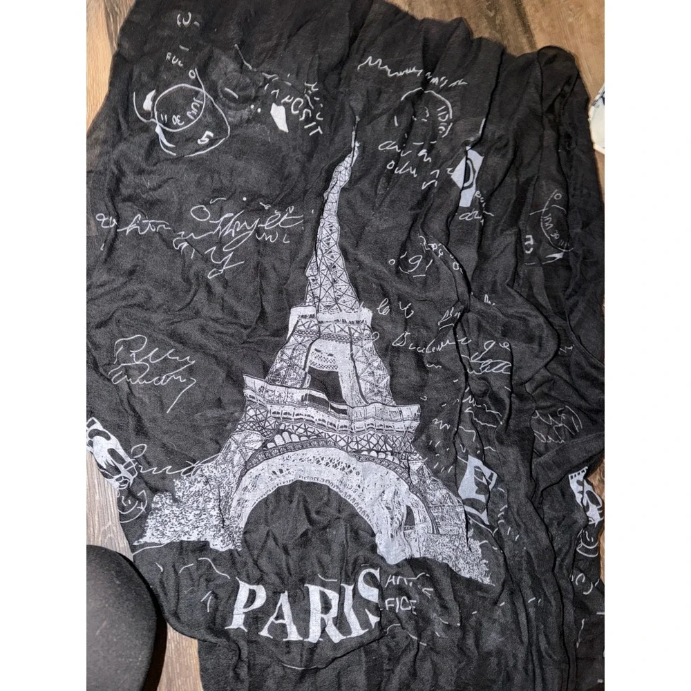 Paris Eiffel Tower Graphic Scarf Black White‎ Script Print Frayed Edge Gauze